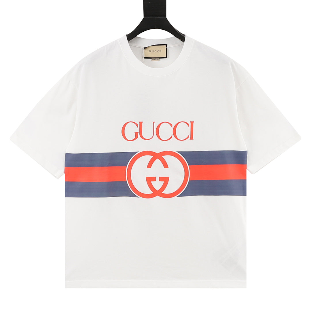 Gucci Blue & Red Stripe Interlocking Logo Print Cotton T-Shirt 2026